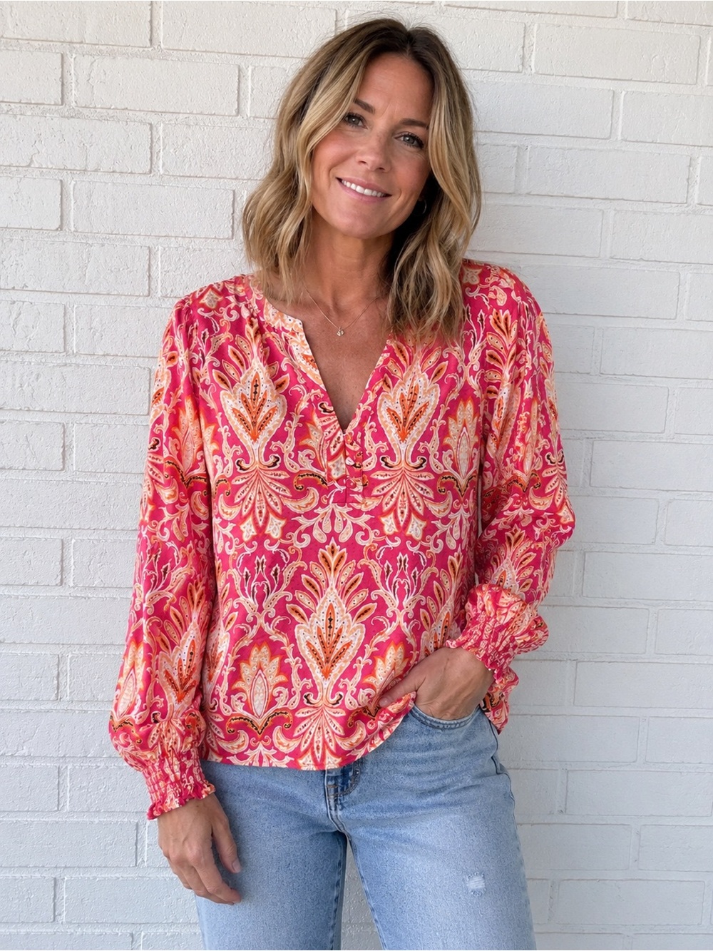LOFT Pink and Orange Paisley V-Neck Tunic